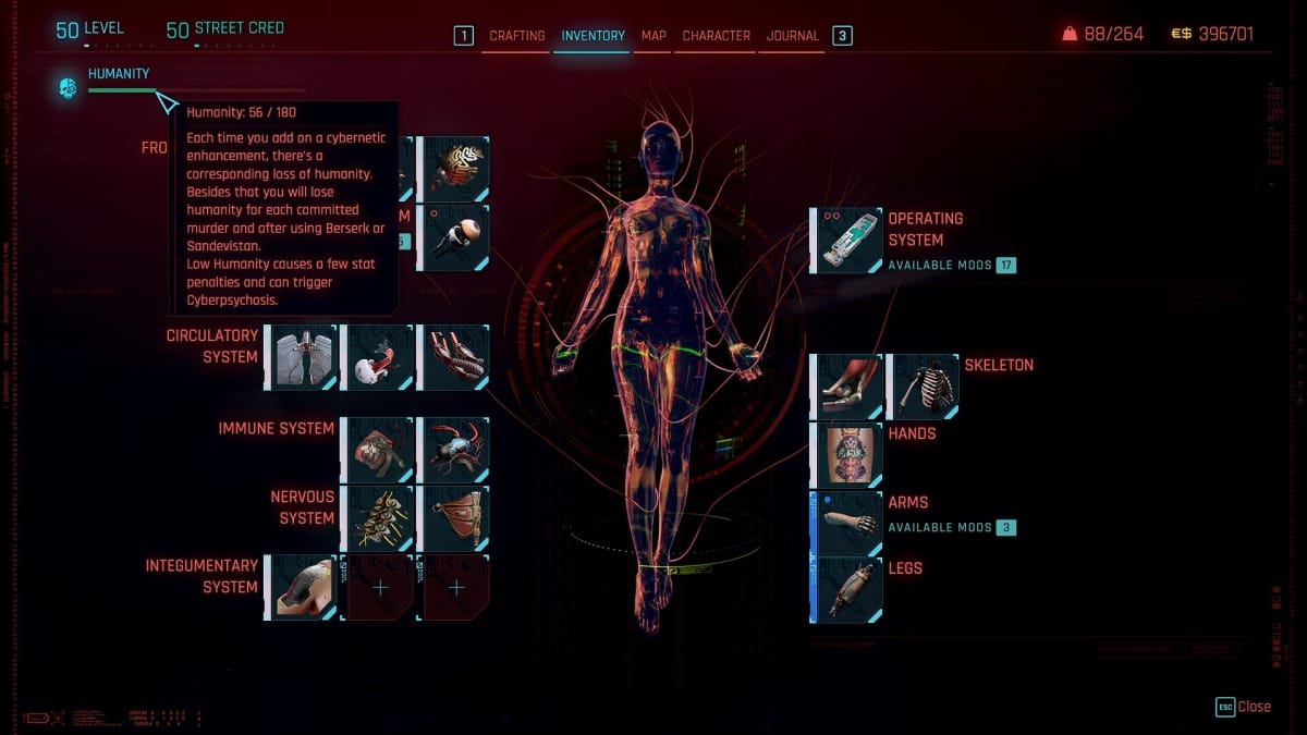 Cyberpunk 2077 mod screenshot showing the modded in Humanity system in action.
