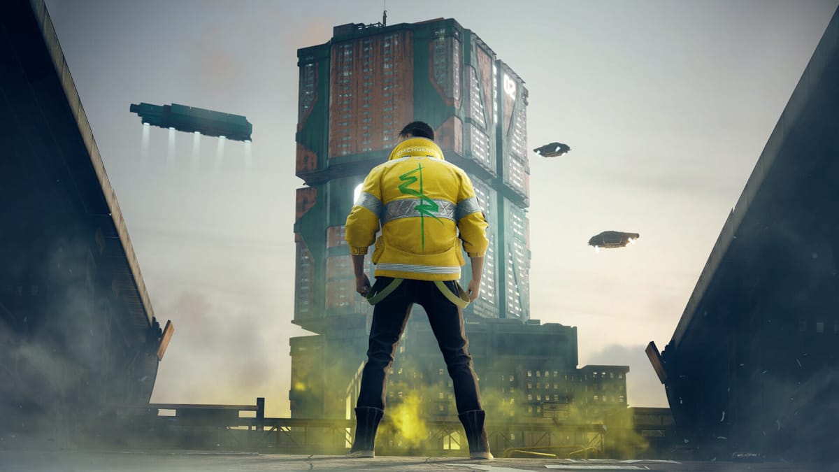 Cyberpunk 2077 sequel image showing the main protagonist and a big building.