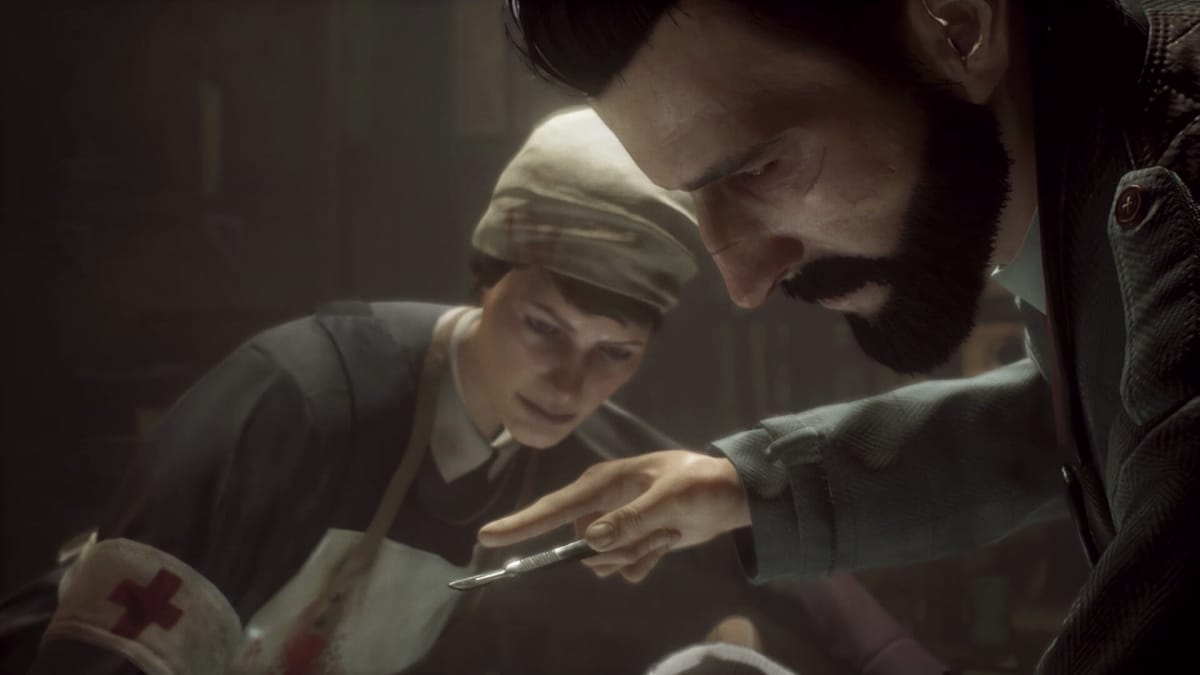 Don't Nod Vampyr screenshot showing the main character and someone else operating on someone.
