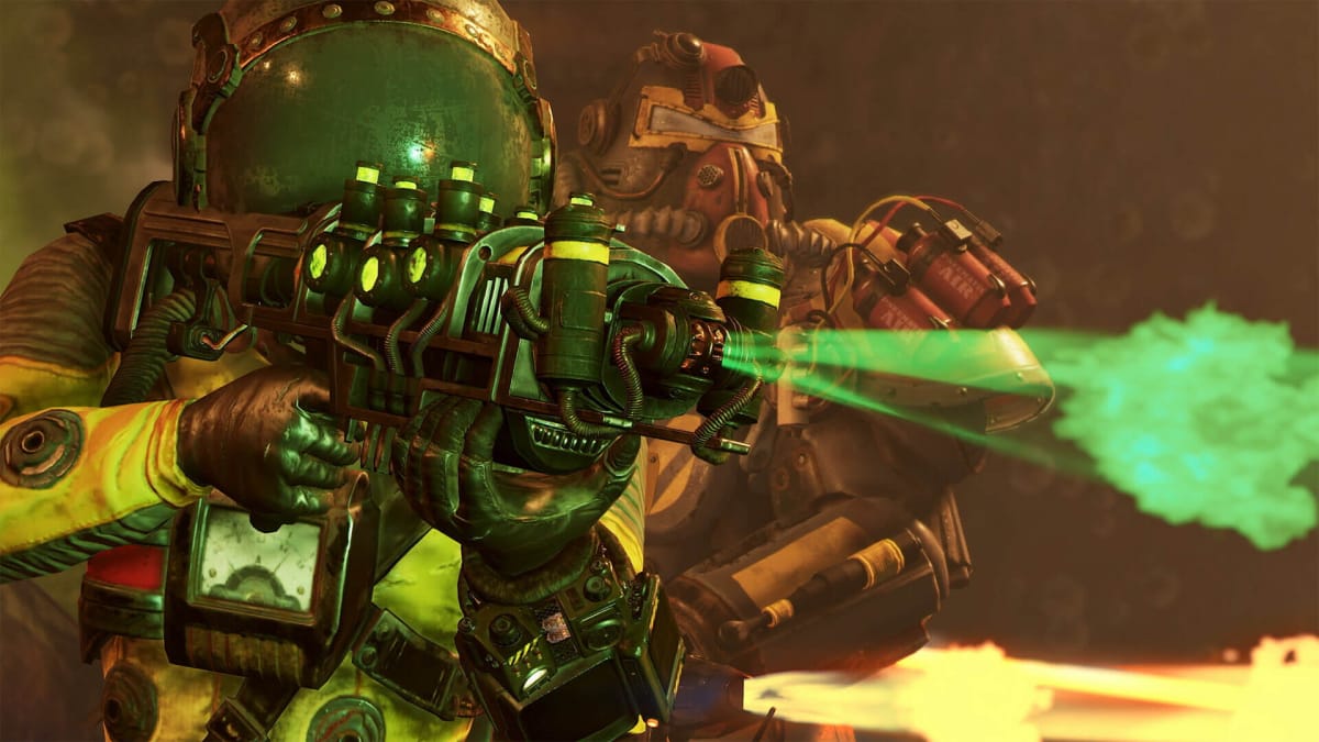 A character wearing power armor and blasting something while a Brotherhood of Steel member fires in the background in Fallout 76, which is part of the Fallout 25th anniversary celebrations