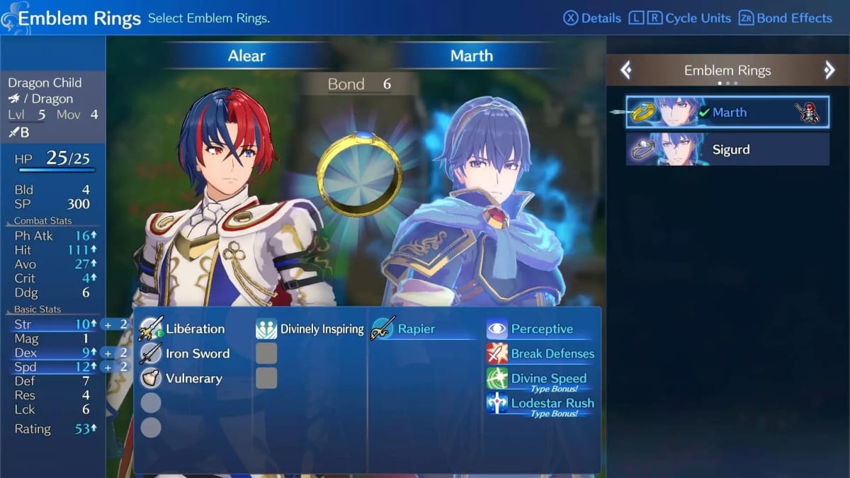 Fire Emblem Engage screenshot of the in game player menu, showcasing the Divine Edition menu where we see the players stats