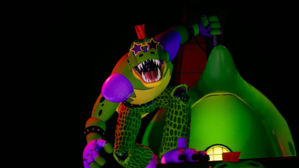 An alligator mascot character with star-shaped sunglasses in Five Nights At Freddy's: Security Breach