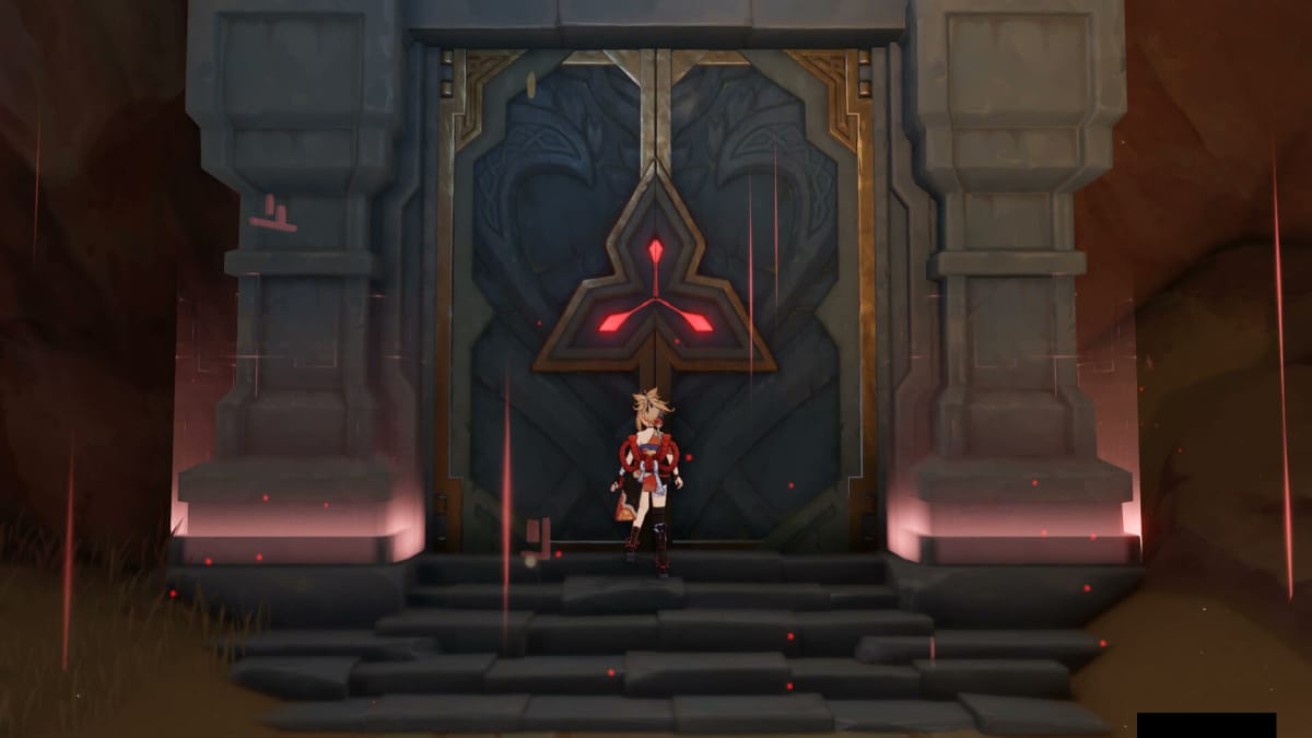 Genshin Impact The door to the Altar of Mirages Domain in Sumeru, housing the Behind the Illusory Curtain challenge.