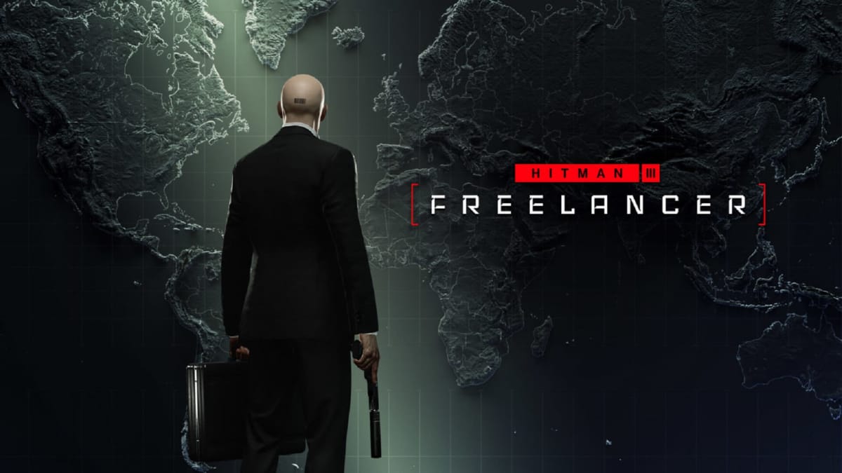 Hitman 3: Freelancer key art showing Agent 47 staring at a map of the Earth.