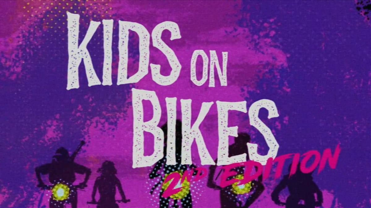 The logo for Kids on Bikes Second Edition on a stylized background