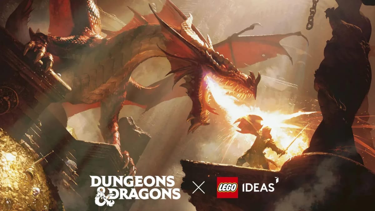 A dragon breathing fire onto a warrior's shield in the Lego DnD competition artwork, which also has Lego and Dungeons & Dragons logos