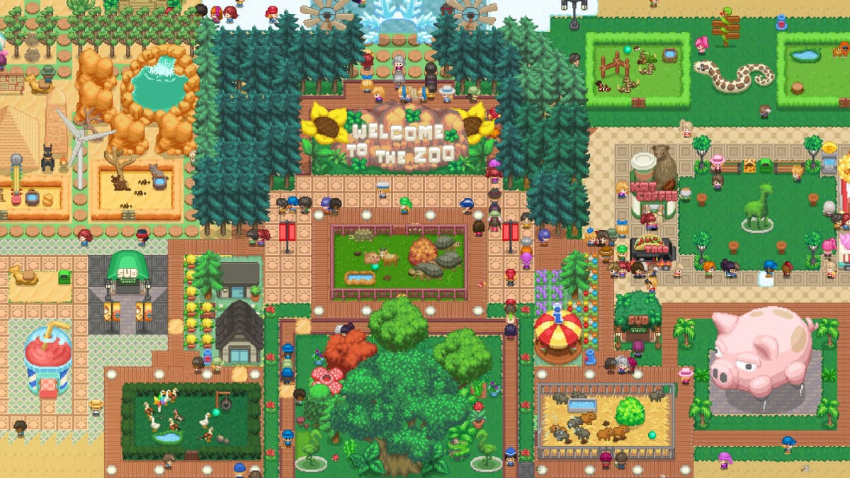A bustling zoo scene full of park guests, attractions, and signs in Let's Build A Zoo, the No More Robots game that benefited from Argentinian region-swapping sales