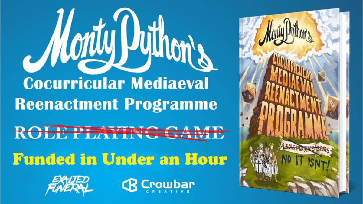 Promotional art for the Monty Python TTRPG Kickstarter announcing it is fully funded