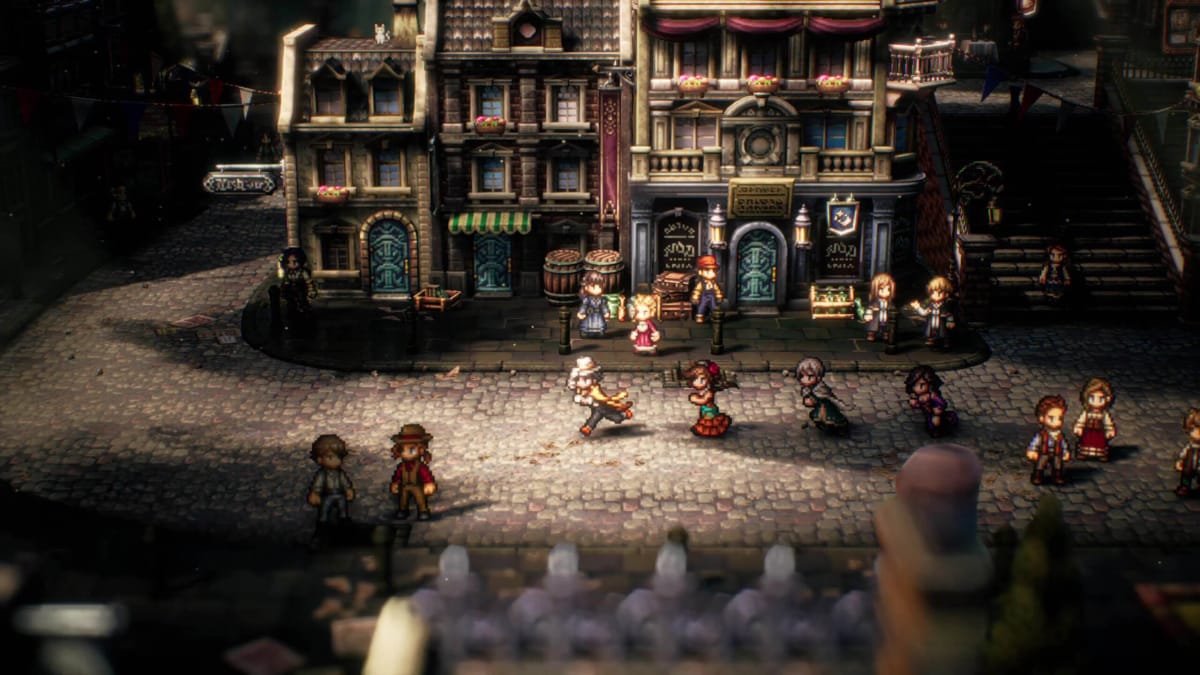 Four party members running through a crowded street in Octopath Traveler 2