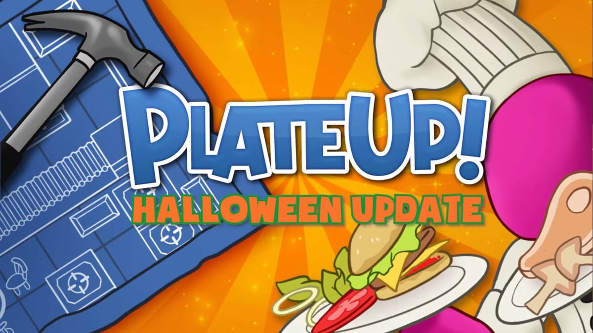 A banner showing a hammer, a blueprint, a chef, and a couple of dishes as part of the PlateUp! Halloween update