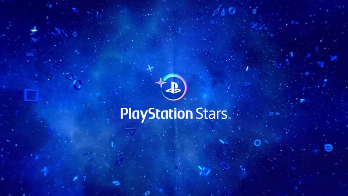 The PlayStation Stars logo against a backdrop of stars, and 3D PlayStation symbols