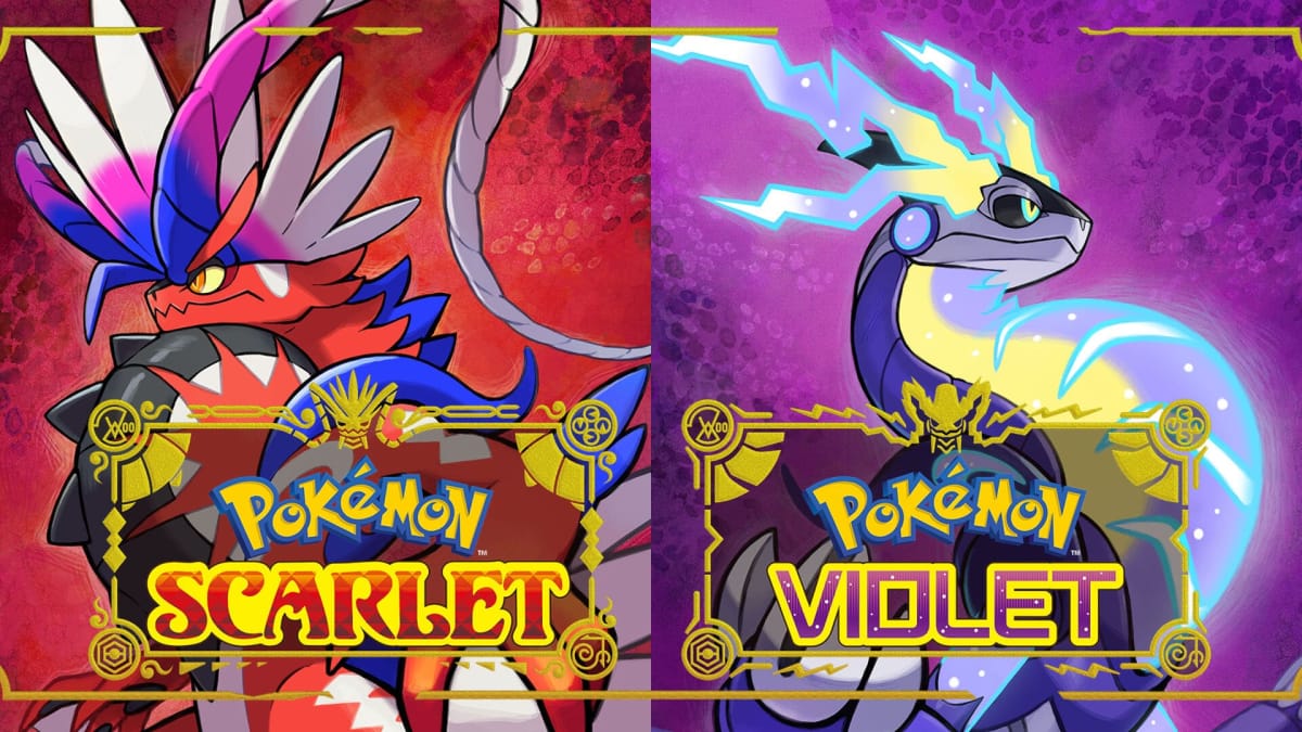 The box art for Pokemon Scarlet and Violet, which depicts the two legendary Pokemon Koraidon and Miraidon