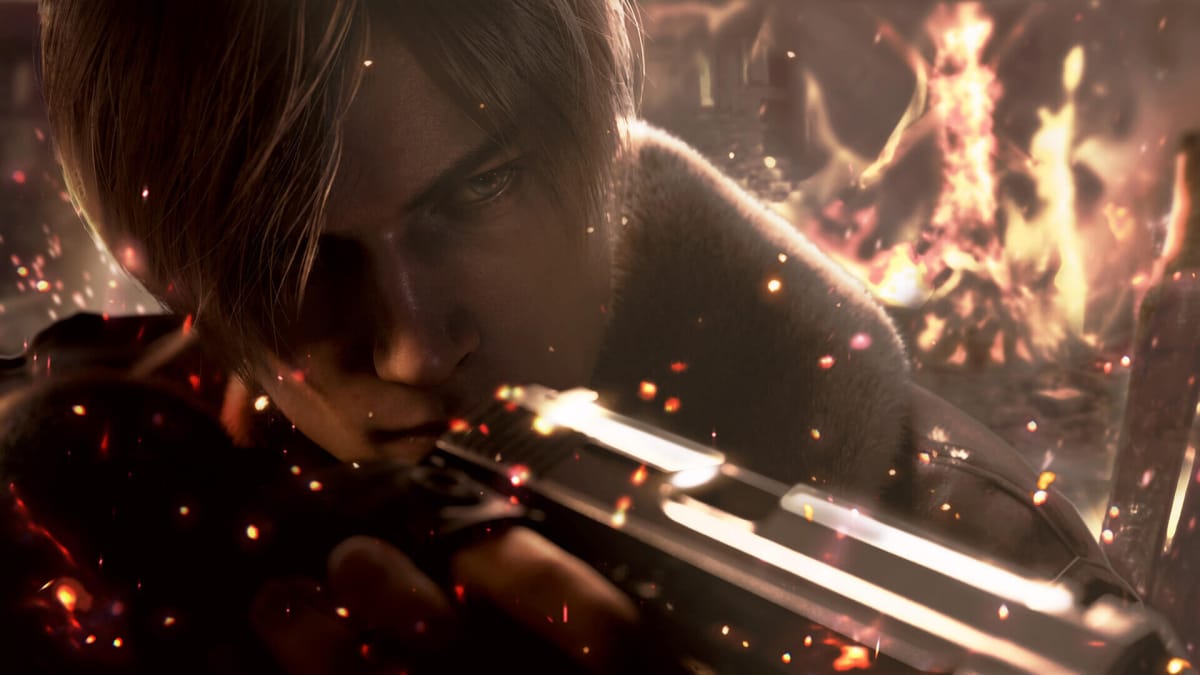 A close-up of Leon aiming his pistol and looking determined in the upcoming Resident Evil 4 remake