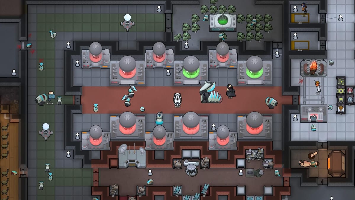 Rimworld's Biotech expansion showing the cyborg mechanoids being grown and controlled by a mechanitor