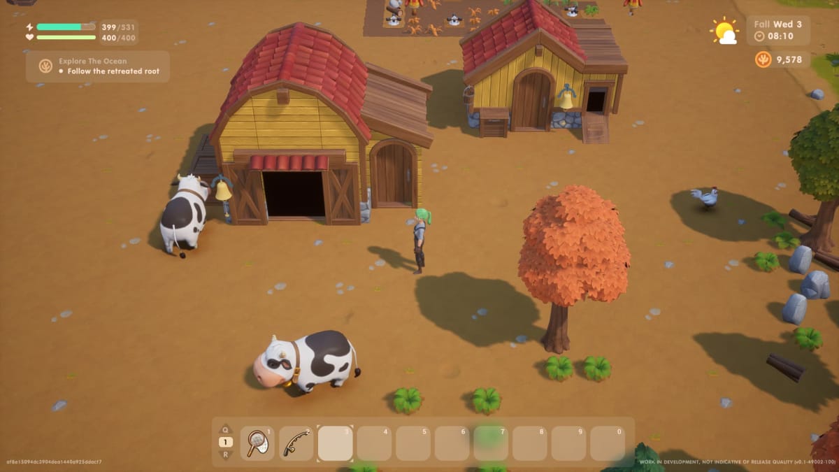 Coral Island Catching Guide, screenshot of player standing between their chicken coop and barn with their animals roaming freely on the farmland 