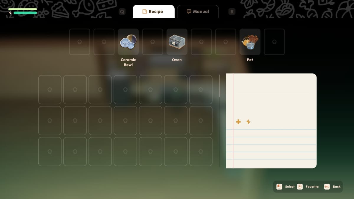 Coral Island Cooking Guide, screenshot of the stove where it shows the players utensils available as well as the recipes and manual tab at the top 