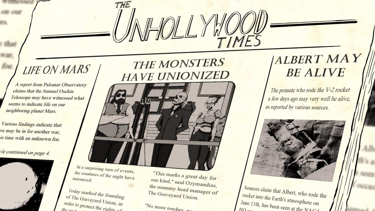 Screenshot from the Graveyard Union game, where we see a news article about how the dead have now unionized, and are standing up for themselves. 