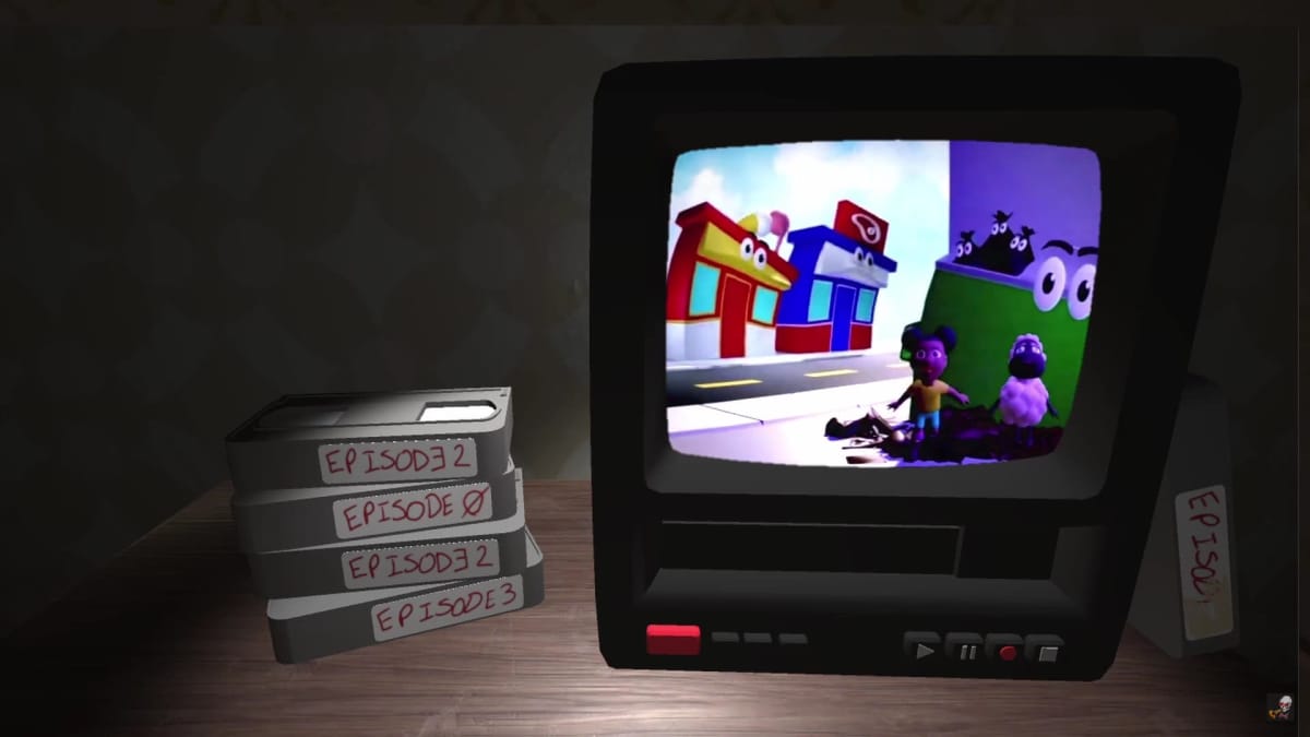 Screenshot of Amanda the Adventurer game, where we see a stack of VHS tapes on the desk as well as the box tv playing the tapes that show Amanda and Woolie 