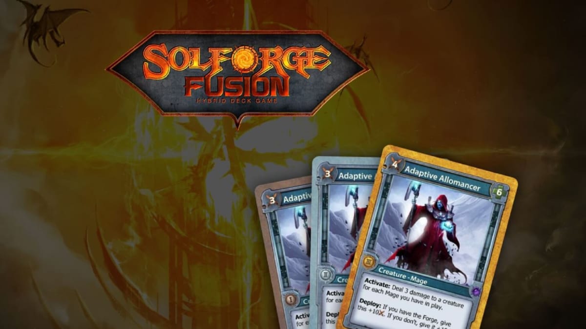 The SolForge logo with an example of a card accompanied by its upgrades