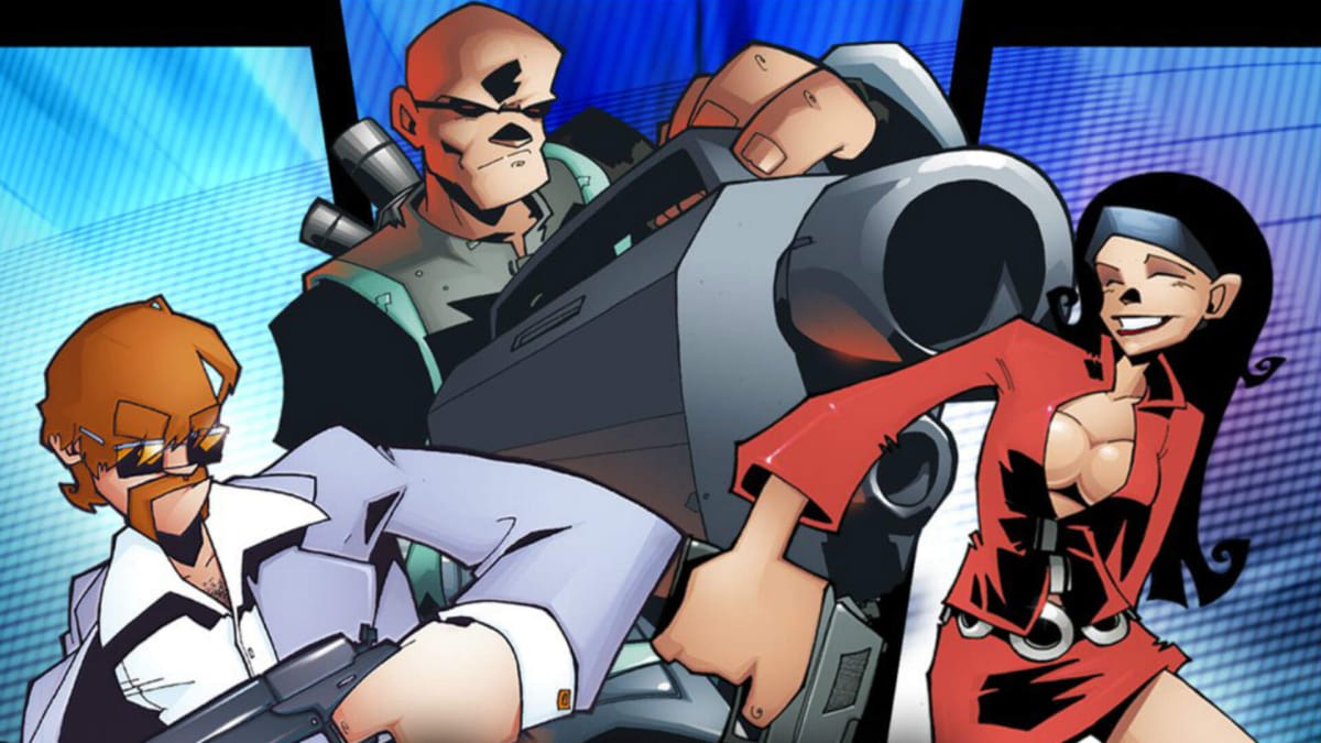 A spread shot cover of TimeSplitters 2 and its unique art style, showcasing Sergeant Cortez, Harry Tipper,  and Kitten Celeste posing.