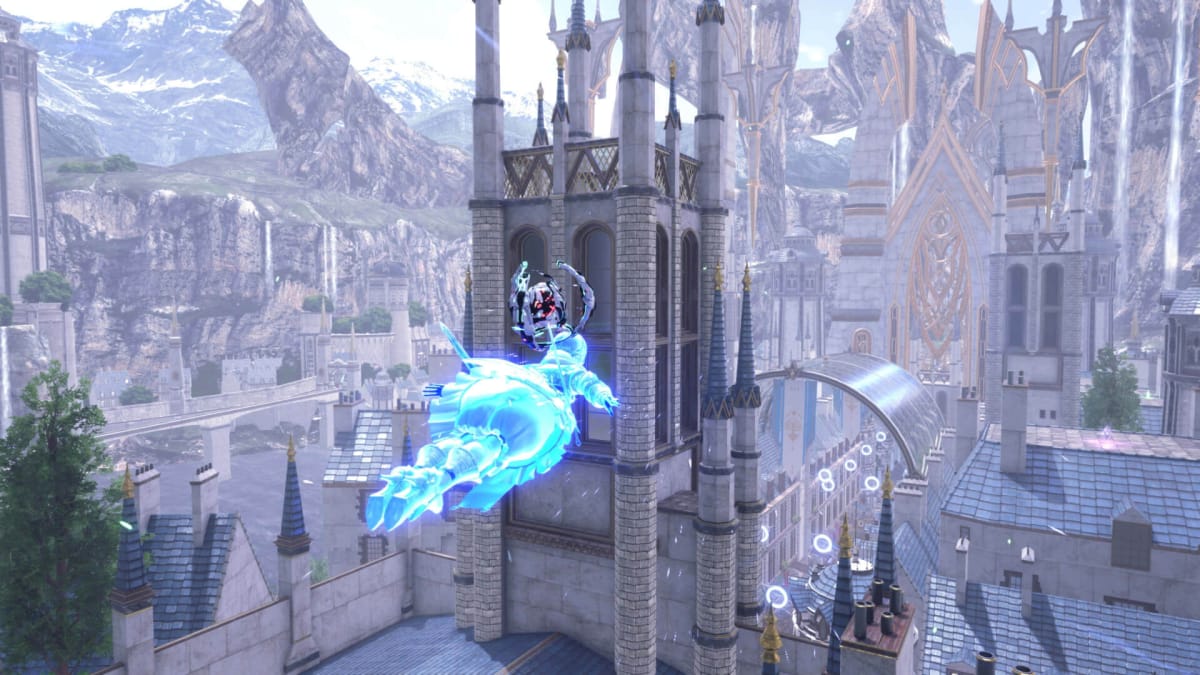 A character soaring through a majestic cityscape in the game Star Ocean The Divine Force by Tri-Ace
