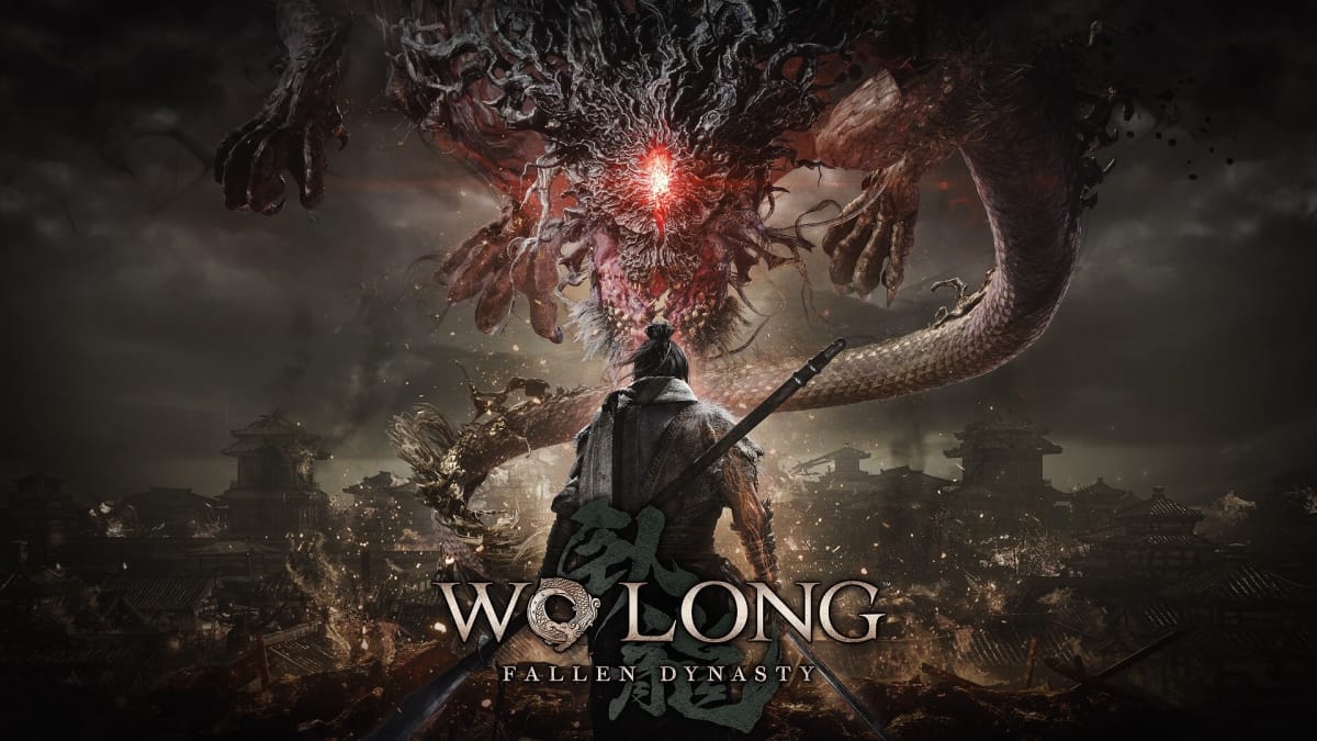 Wo Long: Fallen Dynasty Release Date key art showing the main character and a massive creature floating over a burning city.