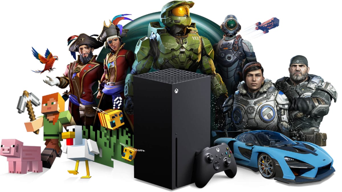 The Xbox Series X in front of a backdrop of Microsoft characters, intended to demonstrate Xbox Game Pass revenue in an abstract way