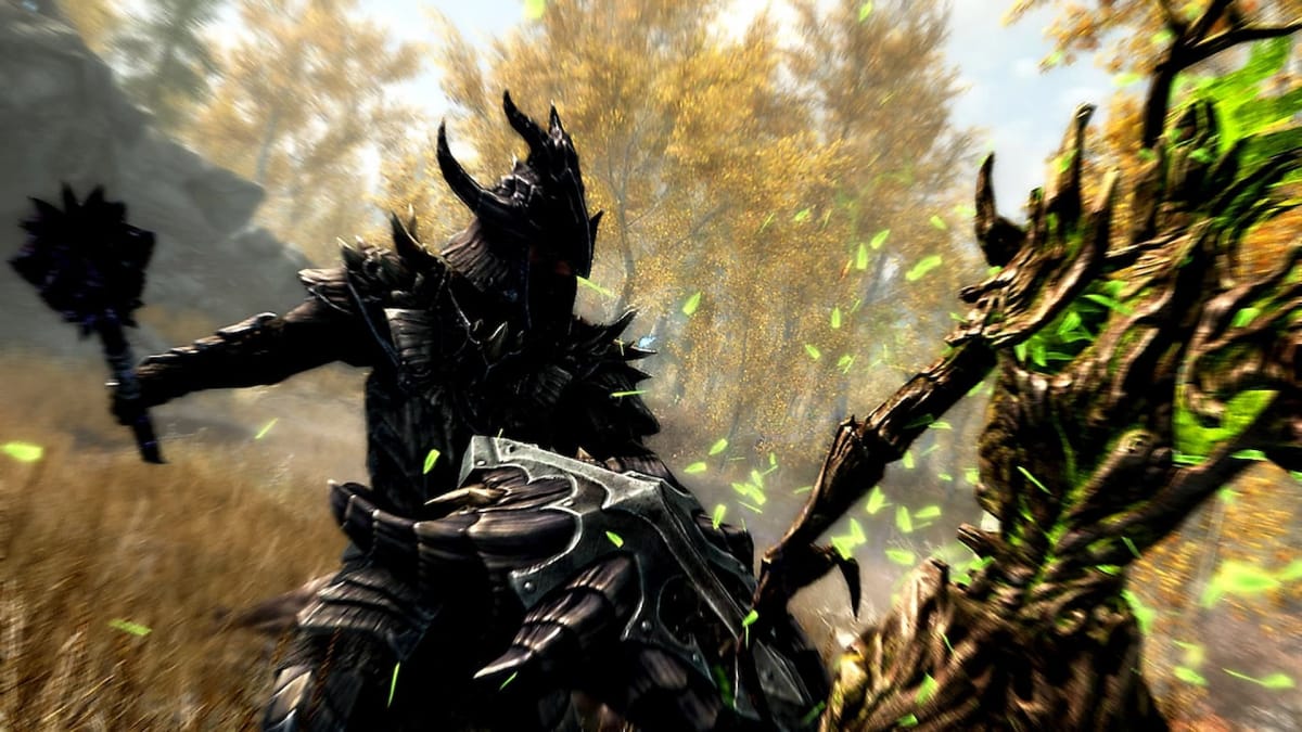 Screenshot of Skyrim player swinging their mace at a tree like enemy in an open golden field.
