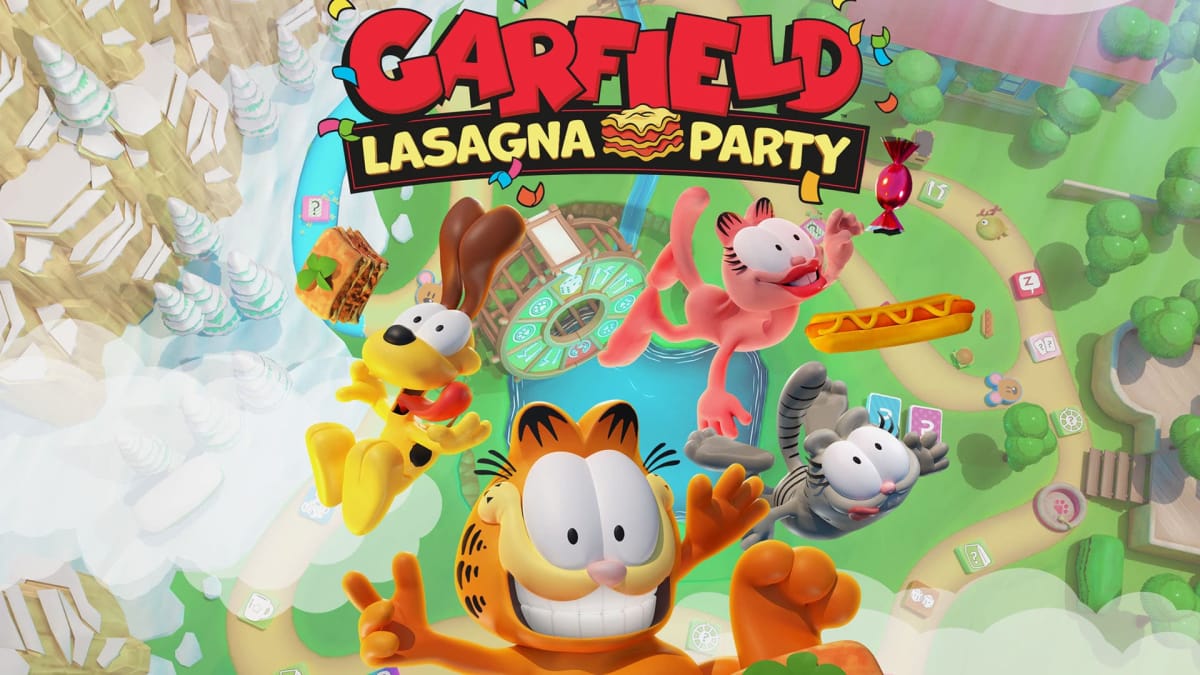 Garfield Lasagna Party game header, showing Garfield Odie and more together in town