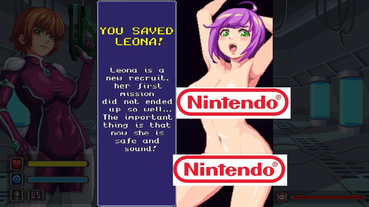 nintendo switch bans anime tiddies, screenshot of in game character from Hot Tentacles Shooter has Nintedo logo censor bars placed over her top and lower half of the nude body