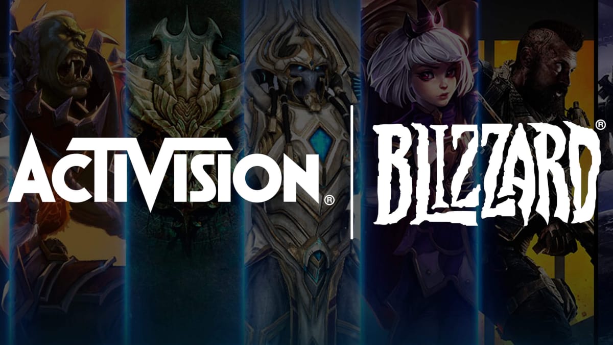 The Activision Blizzard logo superimposed over a set of the company's franchises