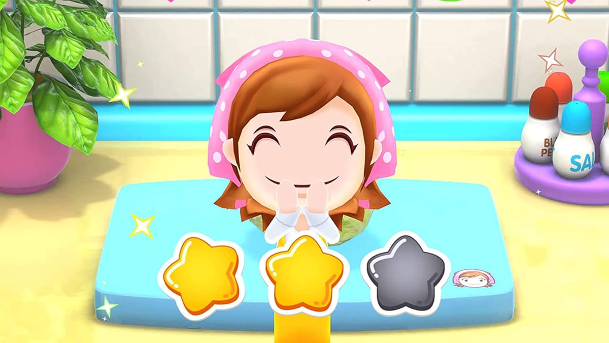 Cooking Mama smiling behind a two-star rating in Cooking Mama: Cookstar