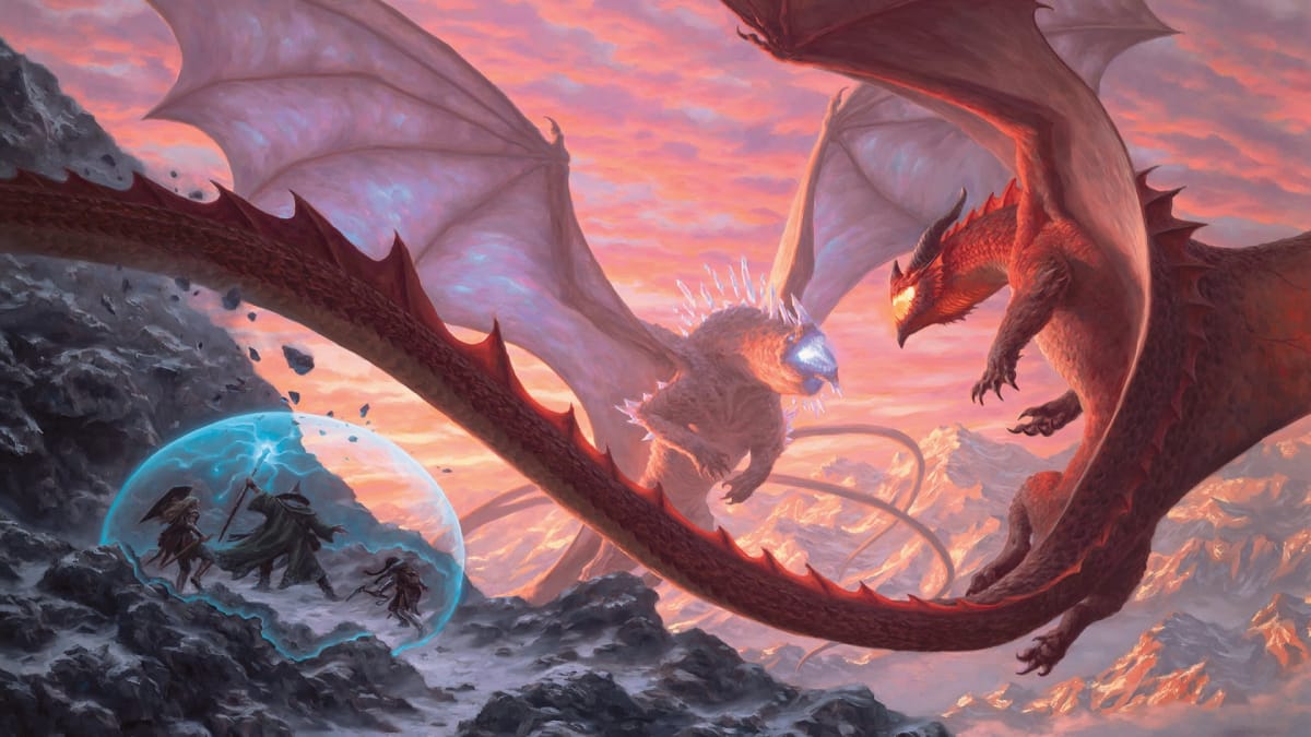 Artwork of dragons and adventurers from D&D Fizban's Treasury of Dragons