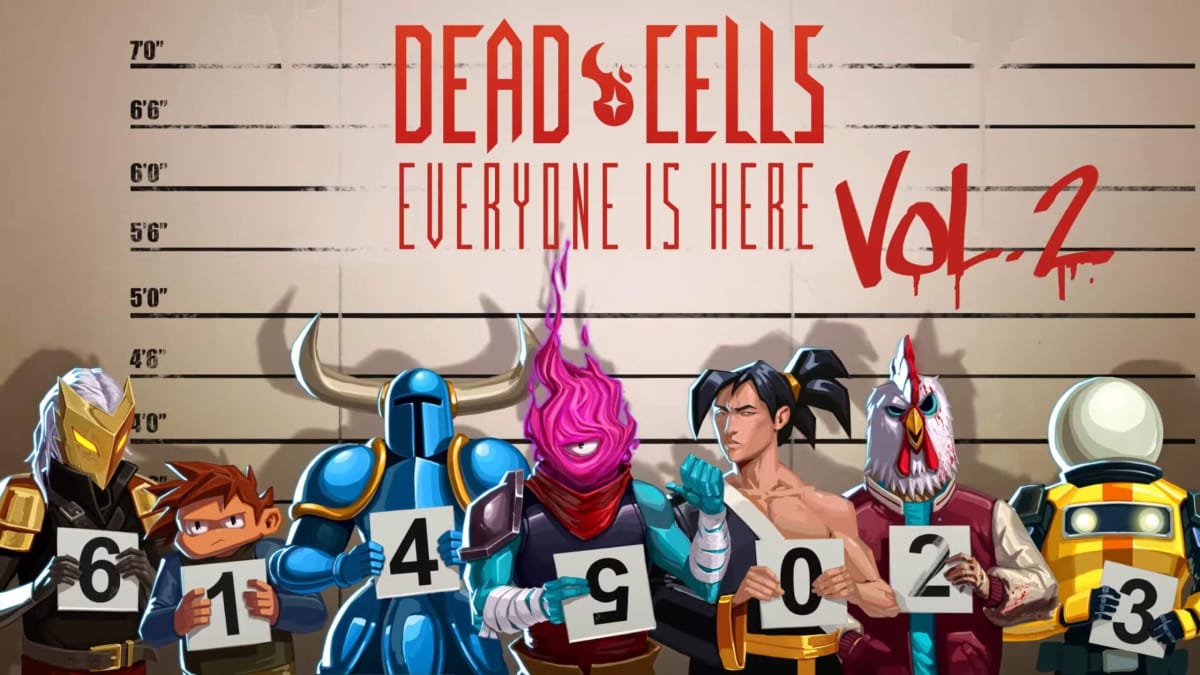 A shot of the new Dead Cells Everyone Is Here update, starring characters like Shovel Knight and the main character from Hotline Miami