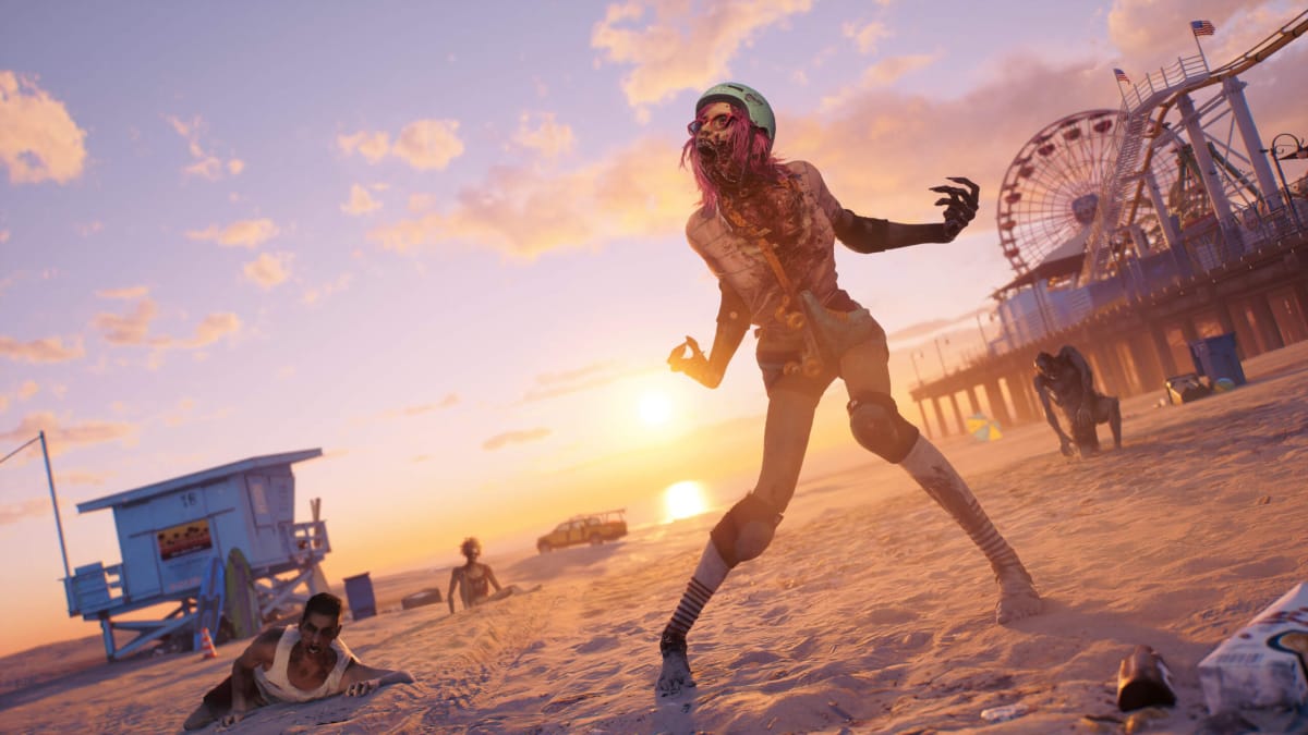 An angry zombie screaming on a beach while other zombies claw their way towards her in Dead Island 2