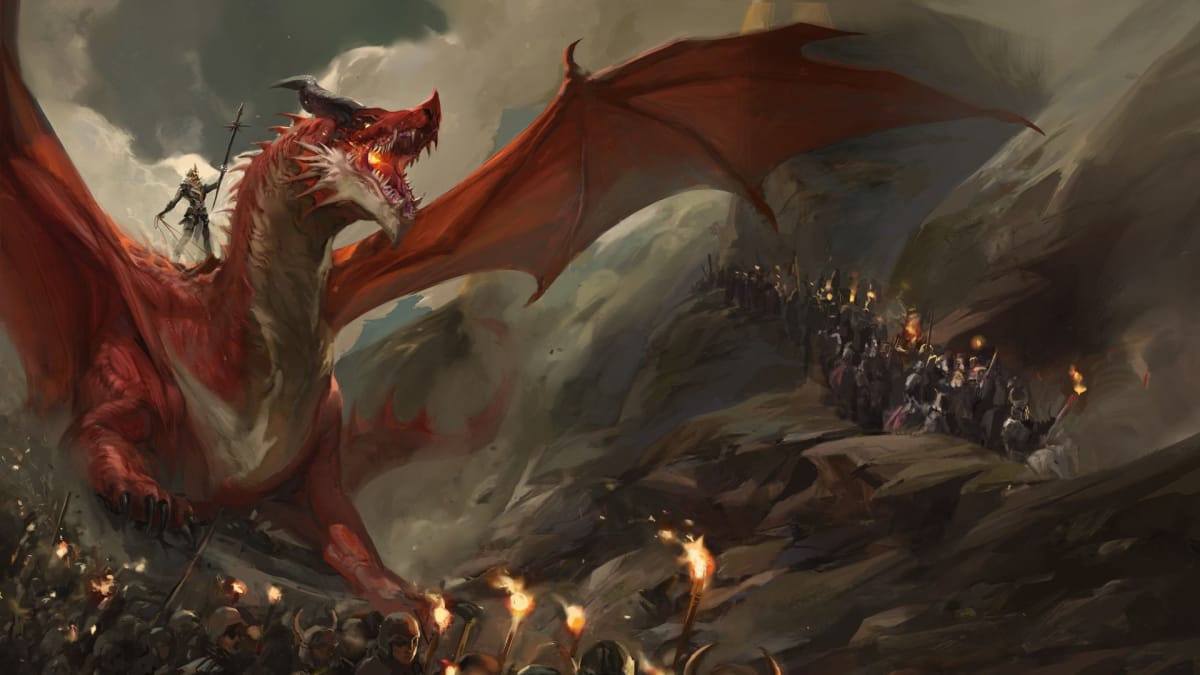 Artwork from the Dragonlance Book highlighting a Red Dragon force making their way into battle