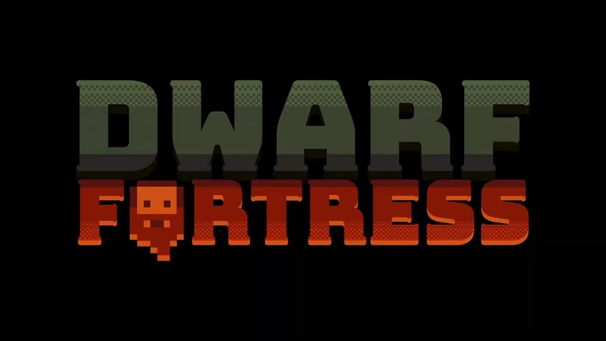 Dwarf Fortress Steam Release Date logo on a black background.