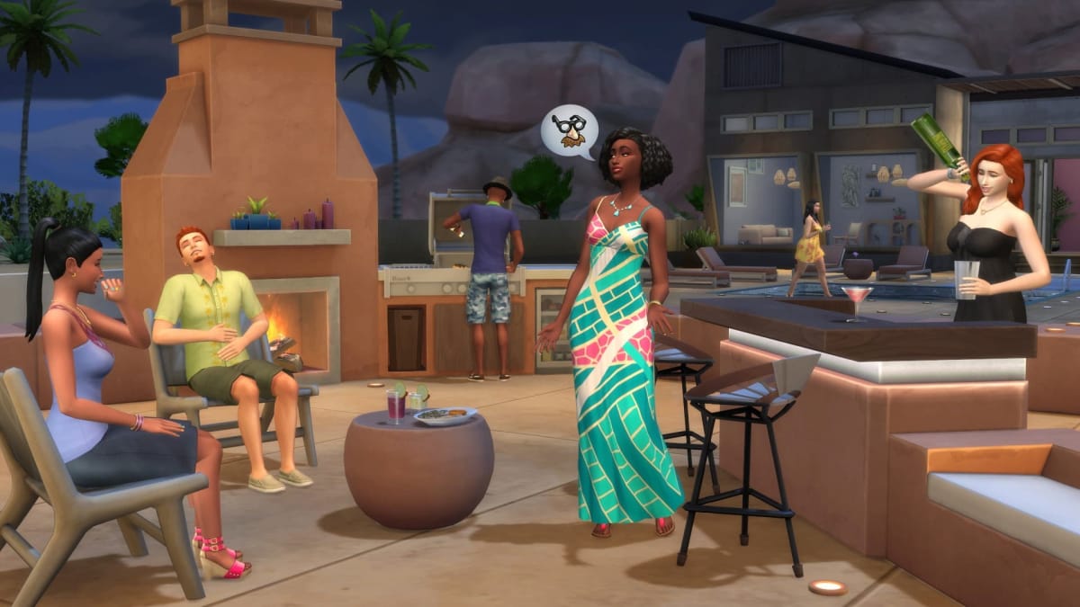 EA screenshot of Sims 4 where we see in game characters having what looks to be a party, and enjoying each others company fire side