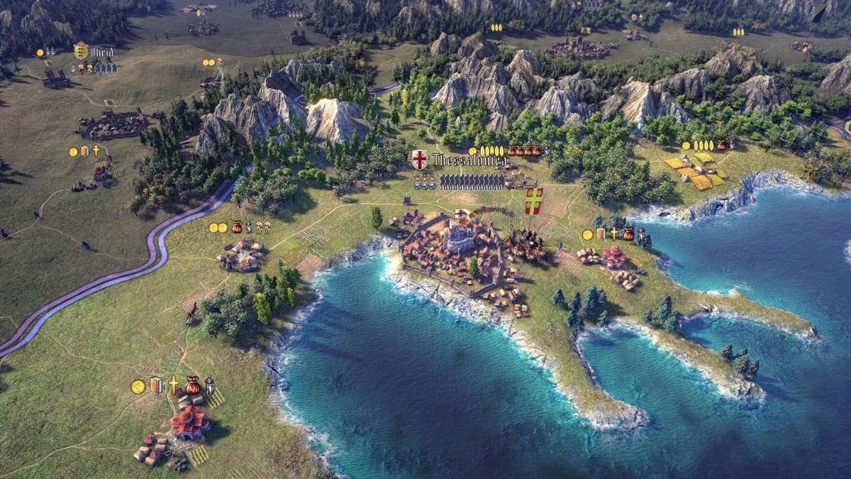 A coastal shot of Thessalonica in the grand strategy game Knights of Honor II