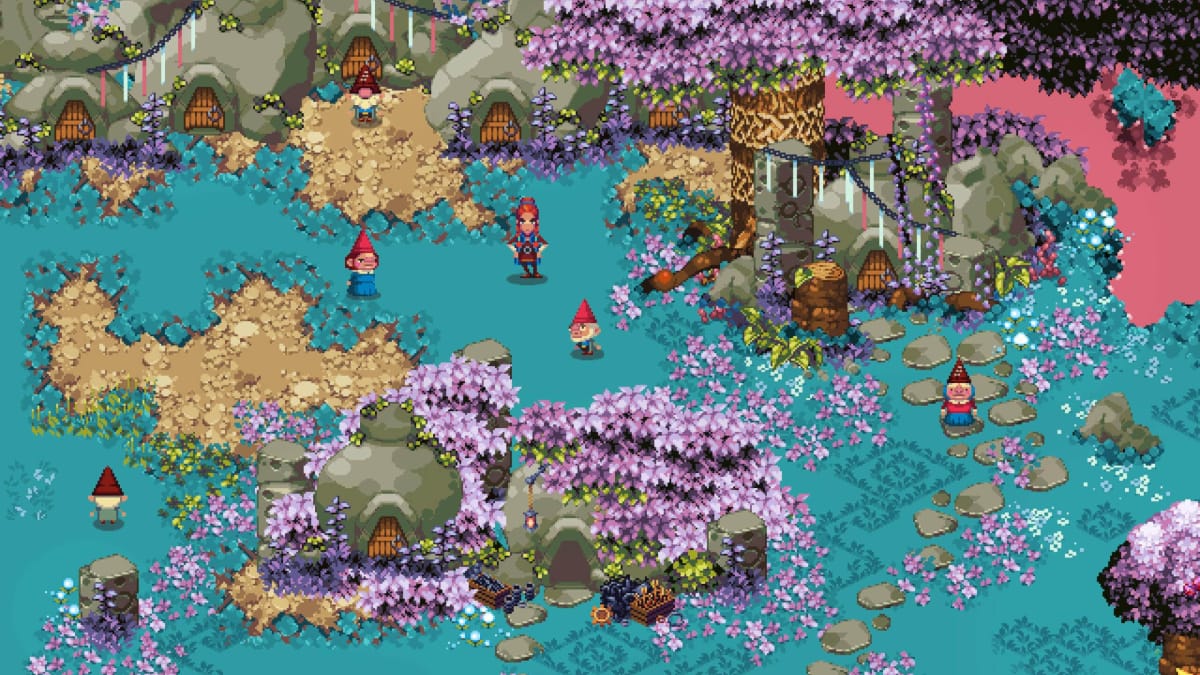 The player standing among a group of gnomes in a cute village in Kynseed