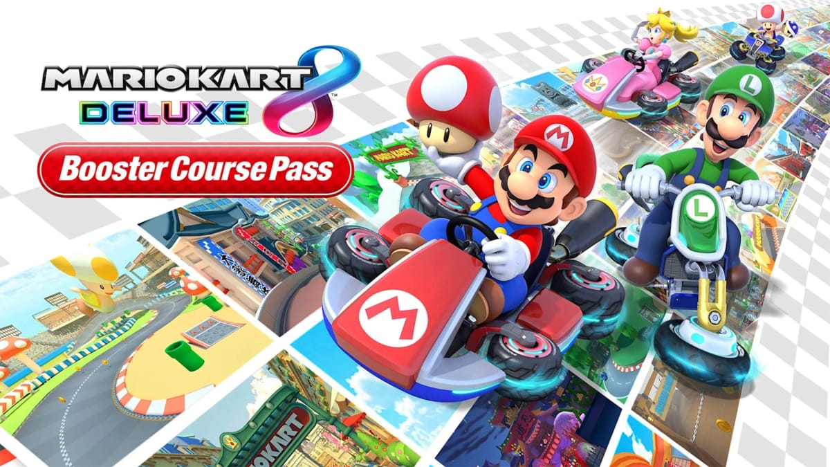 Mario, Luigi, Peach, and Toad racing along the new tracks in the Mario Kart 8 Deluxe Booster Course Pass DLC