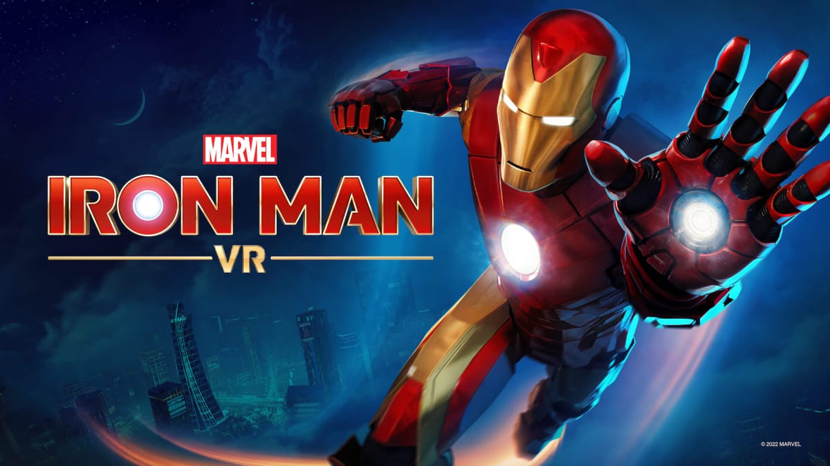The key art for Iron Man VR on Meta Quest 2, depicting Iron Man flying toward the screen with arm outstretched.