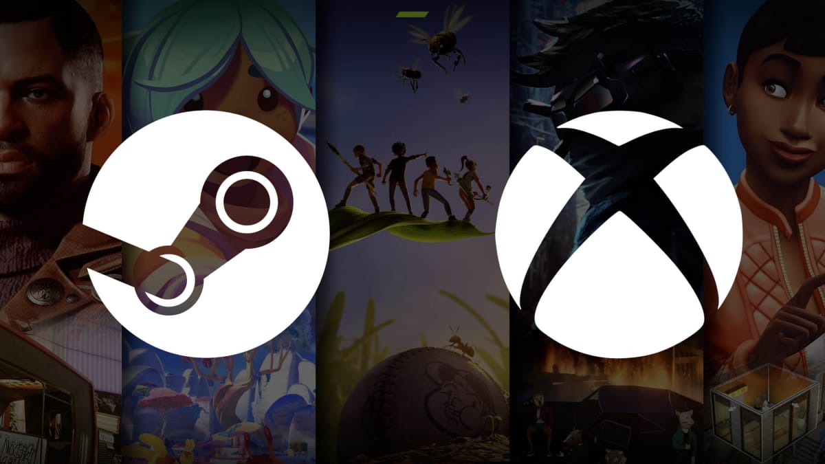 The Steam logo and Xbox logo over the top of some of the games available on Xbox Game Pass