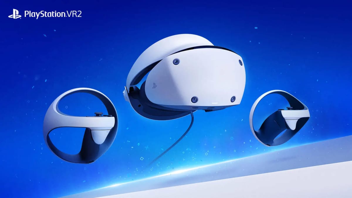 The PSVR2 floating in a blue void with its controllers, marking the PSVR2 release date