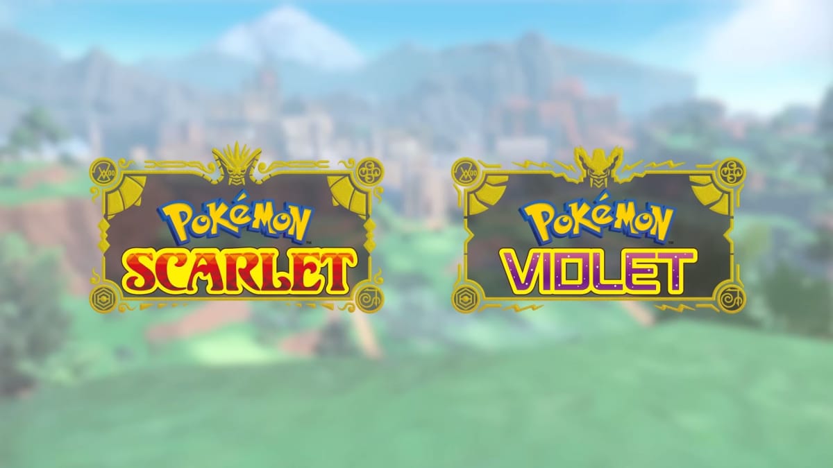 The Pokemon Scarlet and Pokemon Violet logo are presented against a blurry image of the Paldea region