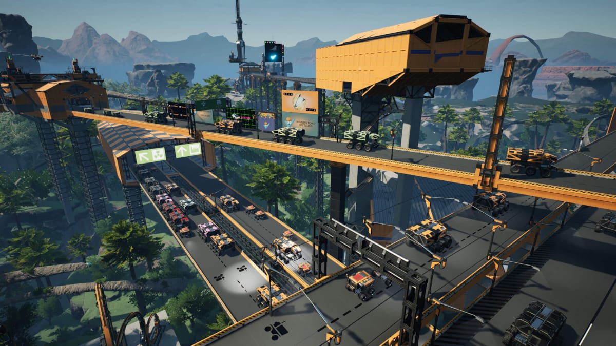 A bustling system of roads and vehicles in Satisfactory