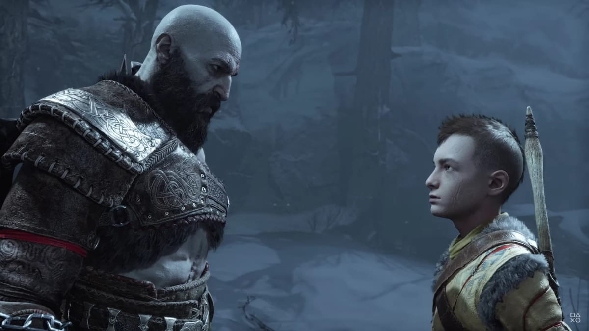 God of War Ragnarok trailer screenshot where we see Kratos and his son looking at each other in the snow 