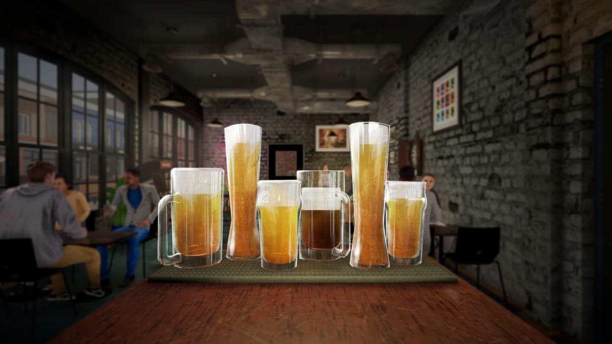 Screenshot from Brewpub simulator where we see several different beers in different sized glasses