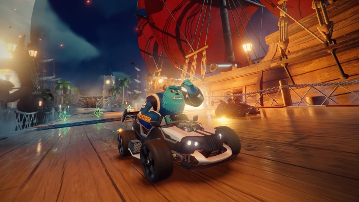 Screenshot from Disney Speedstorm of Sulley from monsters inc behind the wheel of the gokart type vehicle, Disney Speedstorm Delayed 