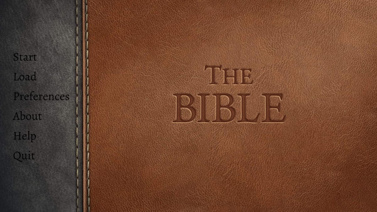 A leather-effect cover image for The Bible on Steam, with a menu offering different options